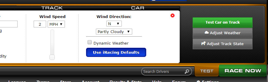 Three steps to get here: click the orange 'Test' button, click 'Adjust weather', and click the blue 'use iRacing Defaults'. 